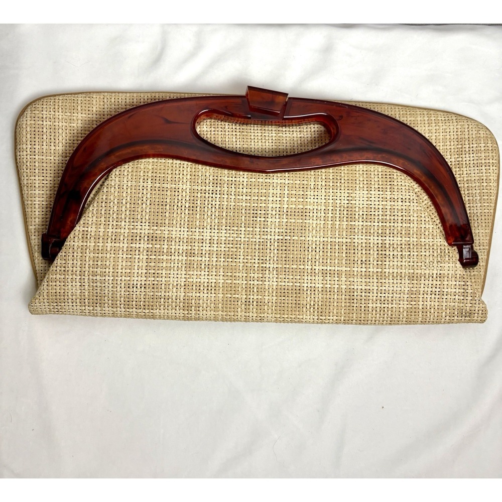 Vintage 70's Thatch Fold Over Clutch Bag Purse Tortoiseshell Lucite Frame Tiki